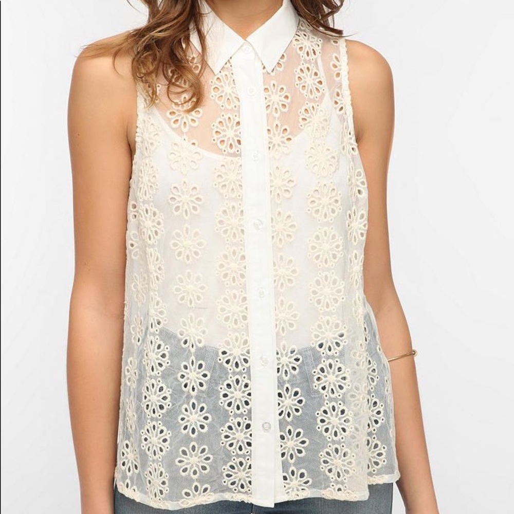 Pins and Needles-White Sheer Button Down Top